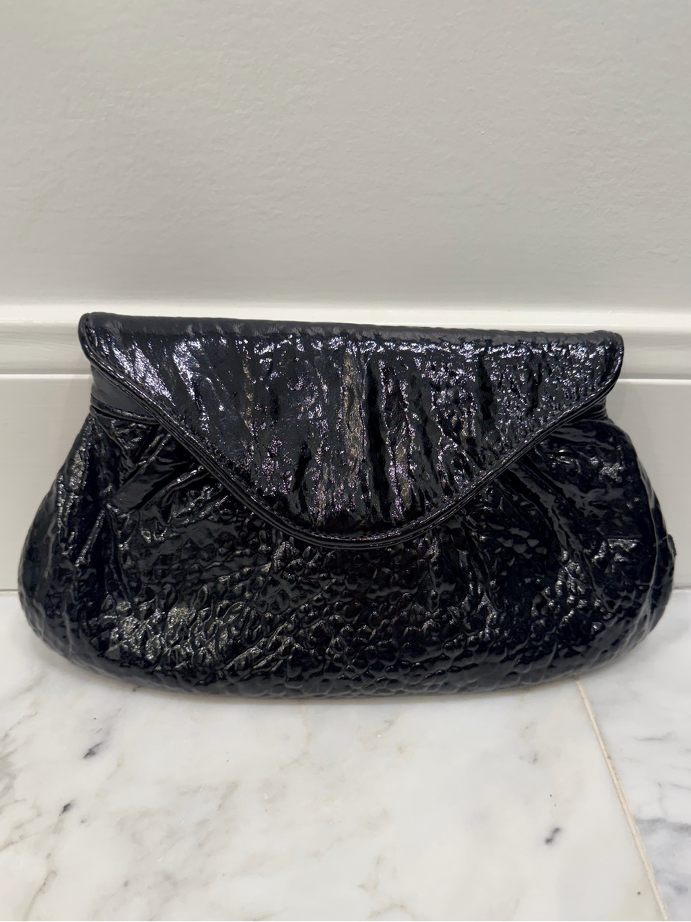 Lauren Merkin Black Patent Textured Envelope Clutch
